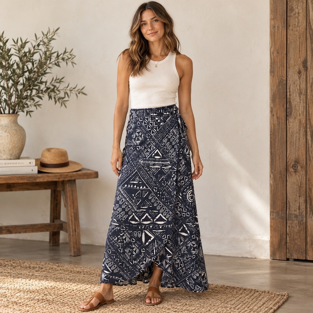 Madewell Womens Maxi Wrap Skirt Size XS S Blue White Boho Indie Artsy Geometric